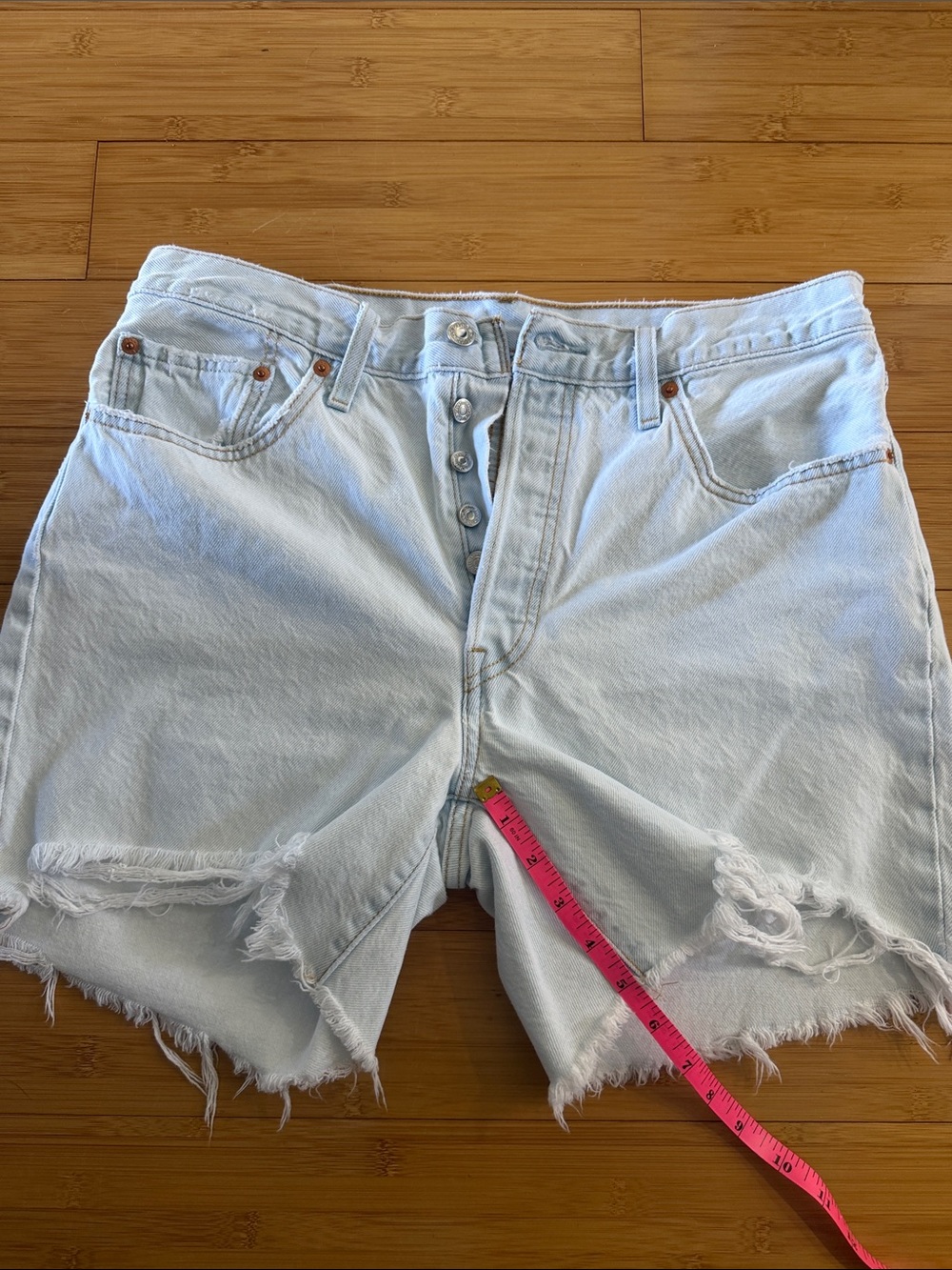 Levi's 501 Light Blue Distressed Button-Fly Denim Shorts